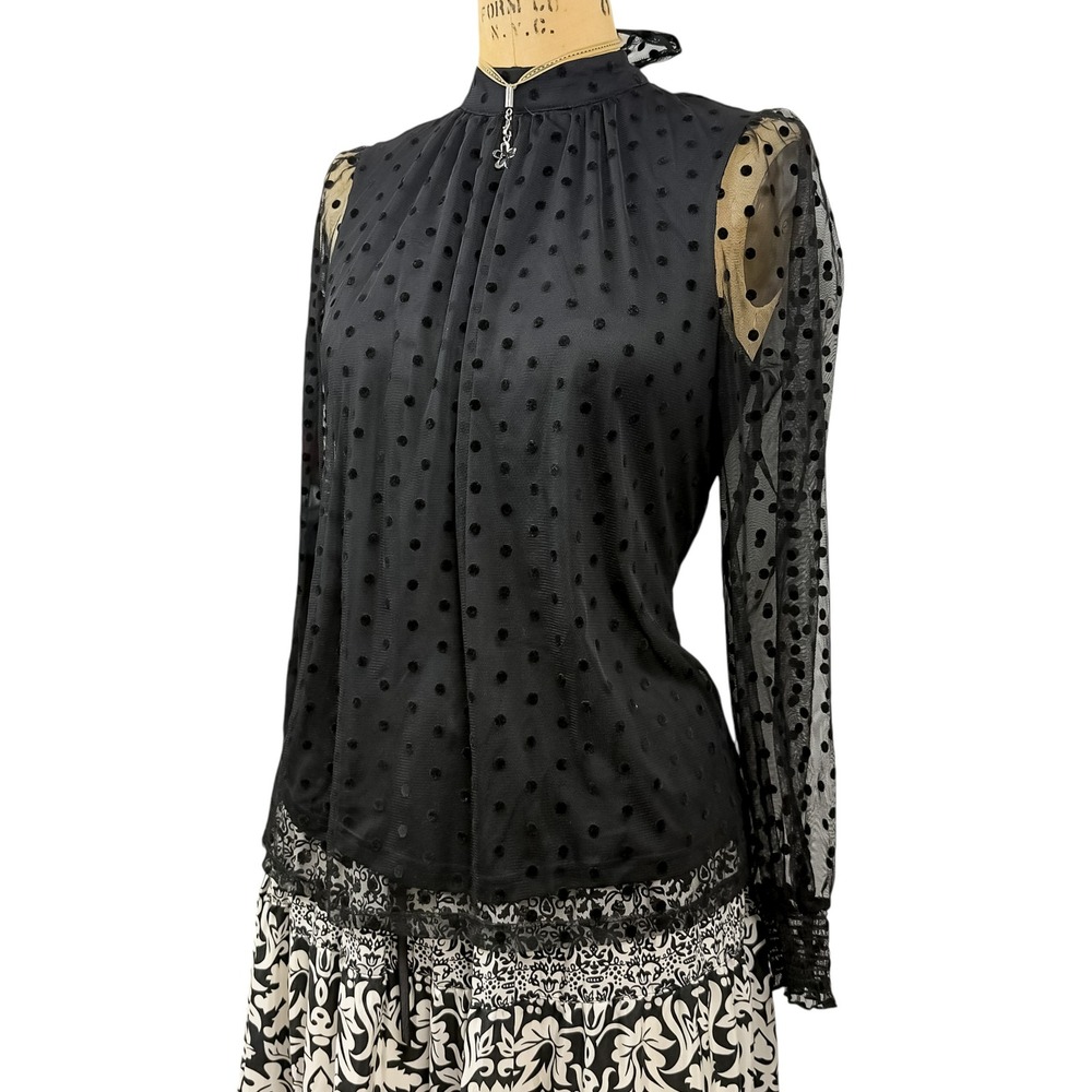Gothic Sheer Mesh Polka Dot Blouse Mock Neck Bow Back‎ Victorian Lace Trim S - Picture 3 of 9